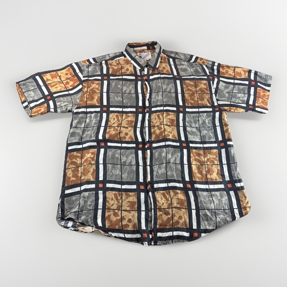 Vintage Goouch Silk Shirt Mens L Abstract Check Short Sleeve Button Up Preppy